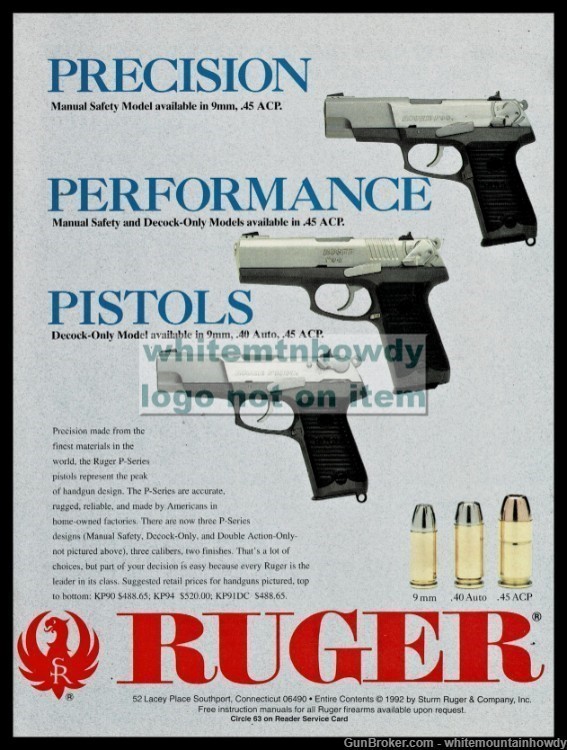 1994 RUGER P-Series 9mm .45 .40 Pistol Print AD-img-0