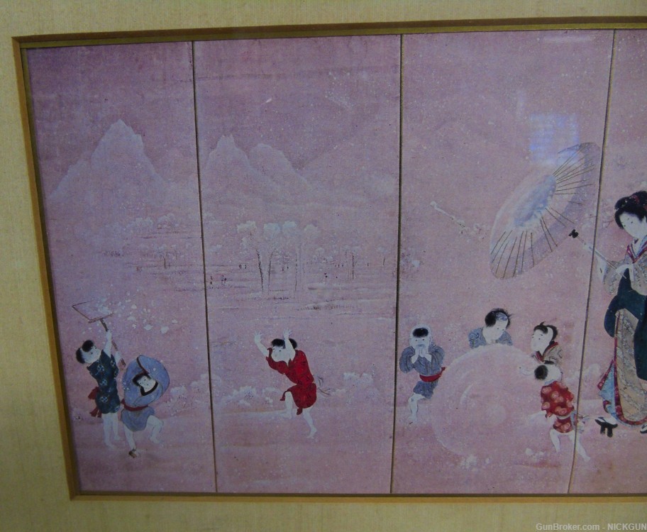 Vintage Japanese watercolor art of playing children with women.-img-2