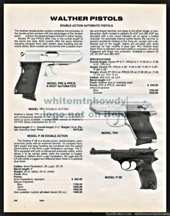 1991 WALTHER PPK/PPKS TPH and P-38 Pistol PRINT AD-img-0