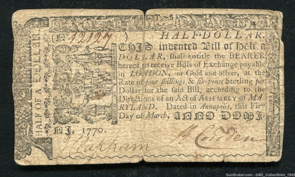 US Revolutionary War Era 1770  Maryland Colonial Currency Note Money-img-0