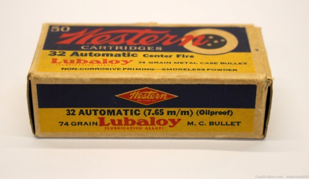 Collectible WESTERN .32 Automatic Center Fire AMMO BOX 50rds Full LUBALOY-img-1