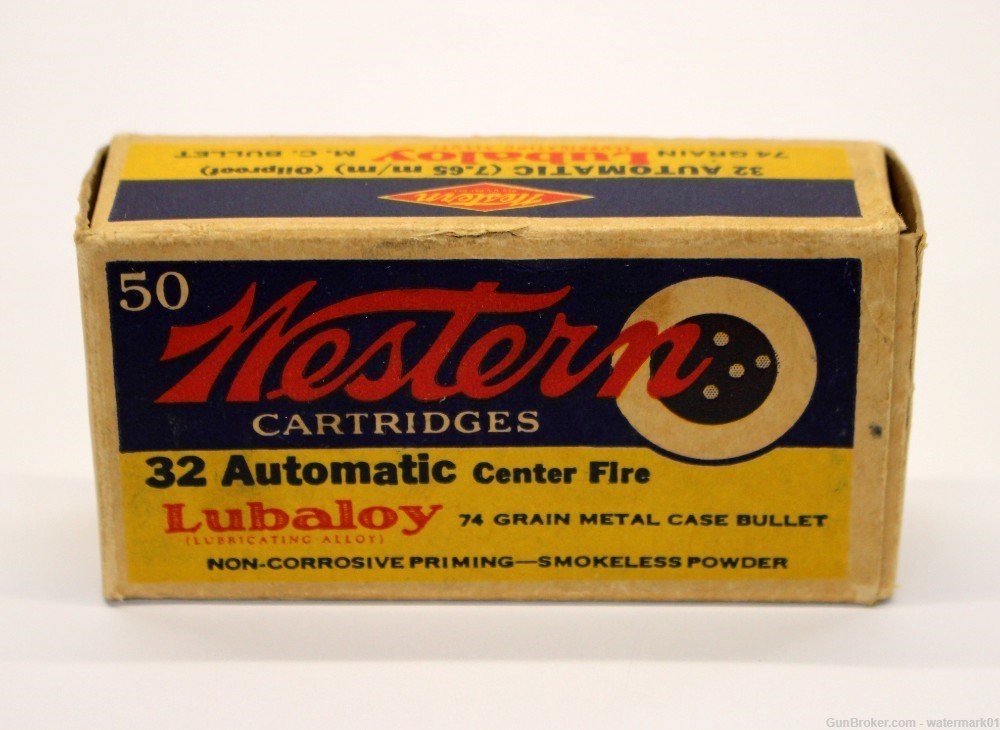 Collectible WESTERN .32 Automatic Center Fire AMMO BOX 50rds Full LUBALOY-img-0