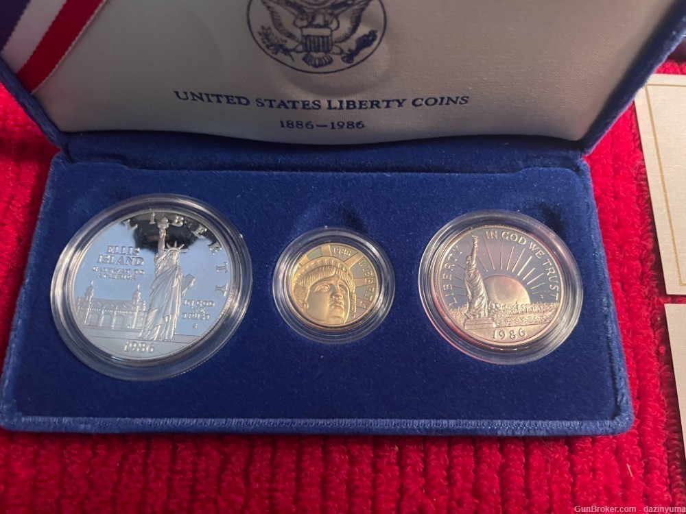 1986 US Mint Liberty Proof $5 GOLD $1 Silver 3-Coin Commemorative Set-img-0