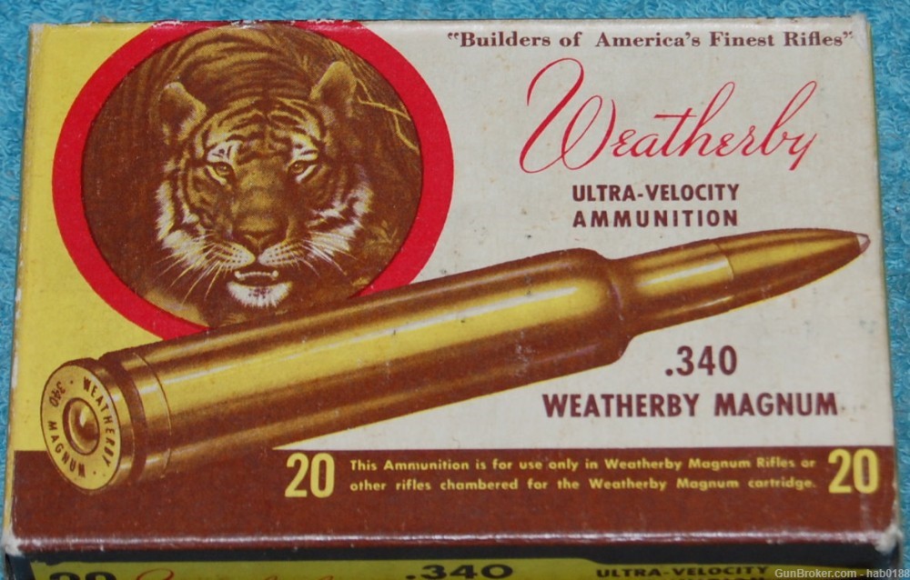 Vintage Full Tiger Box of 340 Weatherby Magnum w/ 250 gr Soft Point -img-0