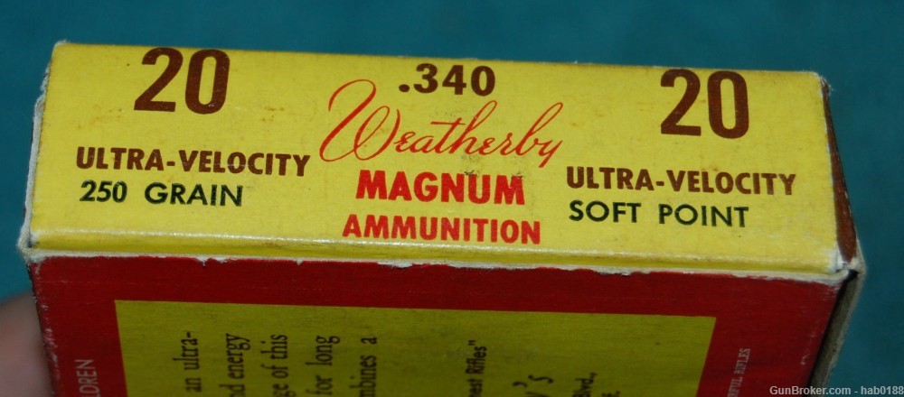 Vintage Full Tiger Box of 340 Weatherby Magnum w/ 250 gr Soft Point -img-1