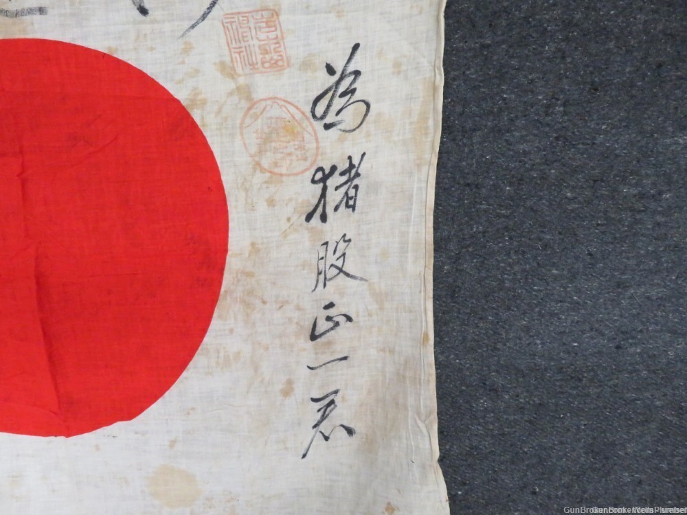 JAPANESE WWII HINOMARU MEATBALL FLAG W/ SIGNED KANJI & TEMPLE STAMPS-img-5