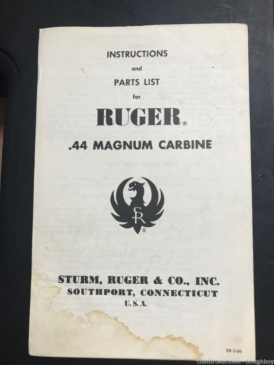 1966 Ruger .44 Mag Carbine ORIGINAL INSTRUCTION Manual Deerstalker-img-0