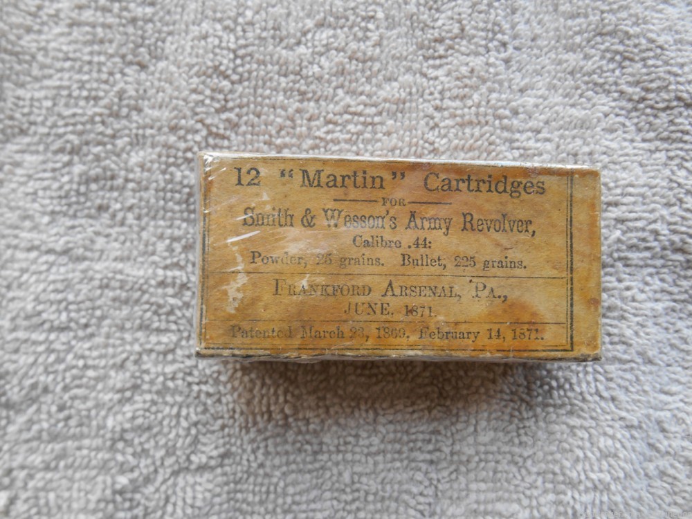 Sealed 6/1871 Box of 12 "Martin" Primed Cartridges for S&W's Army Revolver-img-0