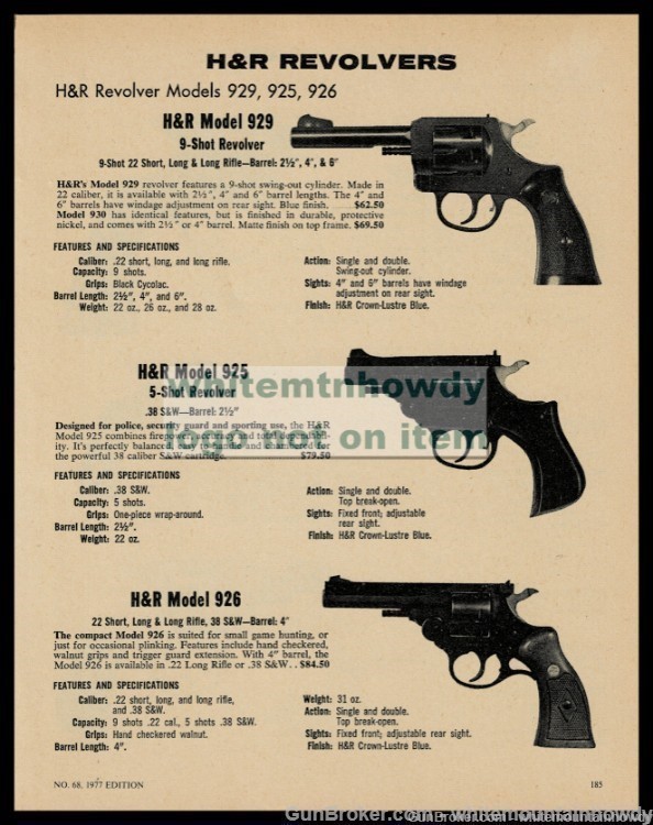 1977 HARRINGTON & RICHARDSON Model 929 925 and 926 Revolver PRINT AD-img-0