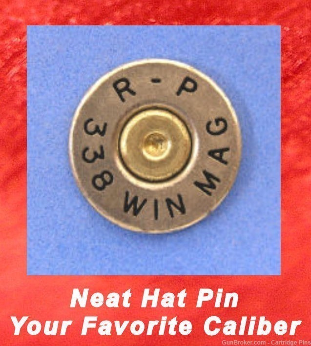 Remington R-P 338 WIN MAG Nick Brass Cartridge Hat Pin, Tie Tac Ammo Bullet-img-0