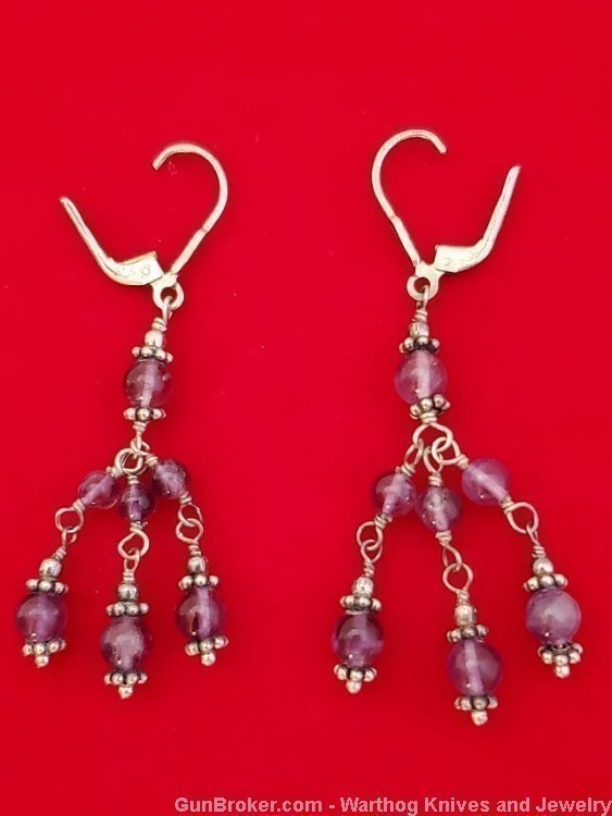 Ladies Amethyst and 925 Sterling Silver Chandelier Earrings. 2" Long. SS49.-img-1