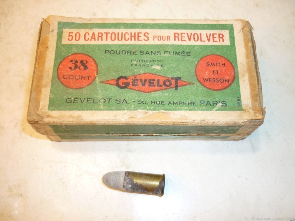 1rd - FRENCH GEVELOT CARTRIDGE - .38 S&W - Paris France - Smith & Wesson-img-0