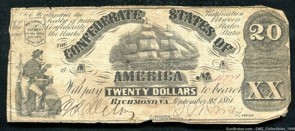Civil War 1861 CSA Confederate States of America $20 Bill Note-img-0