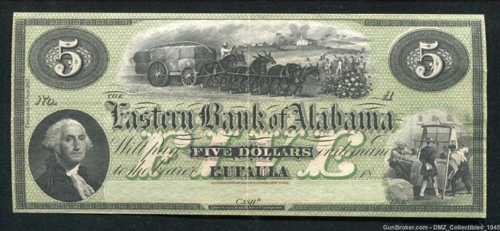 1800s $5 Alabama Bank Note Antique Currency-img-0