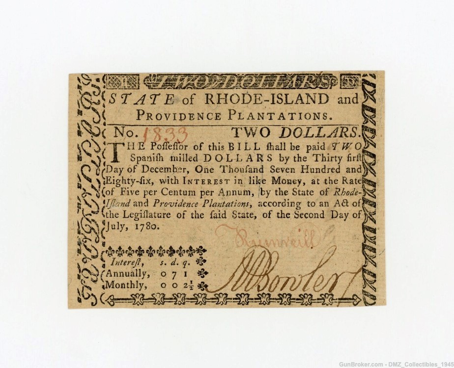 US Revolutionary War Era 1780 Rhode Island $2 Colonial Currency Note Money-img-0