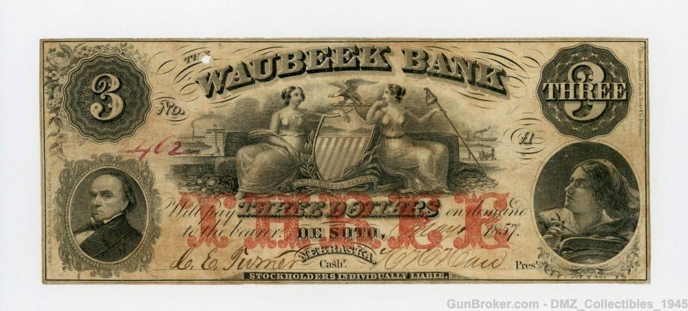 Pre Civil War 1857 $3 Nebraska Bank Note Money Currency-img-0