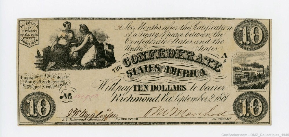Civil War CSA Confederate States of America $10 Note Currency Money-img-0