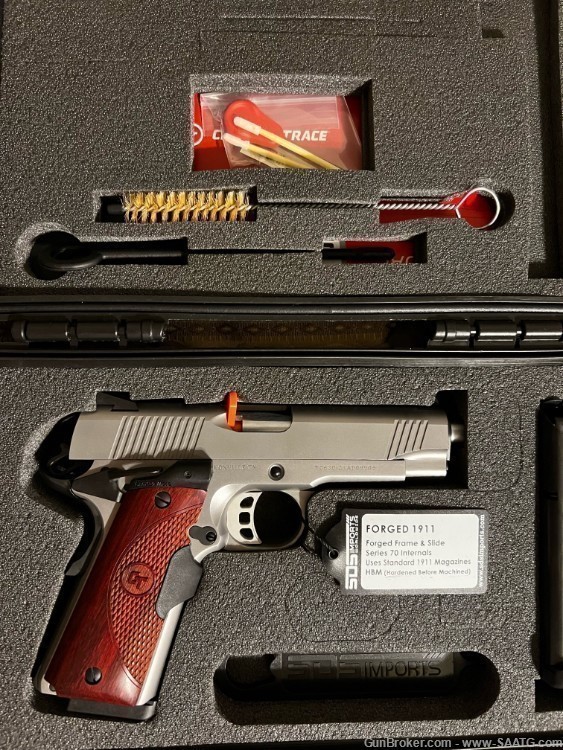 Custom Stainless Steel 1911 45 ACP w Crimson Trace Rosewood Red Laser Grips-img-0
