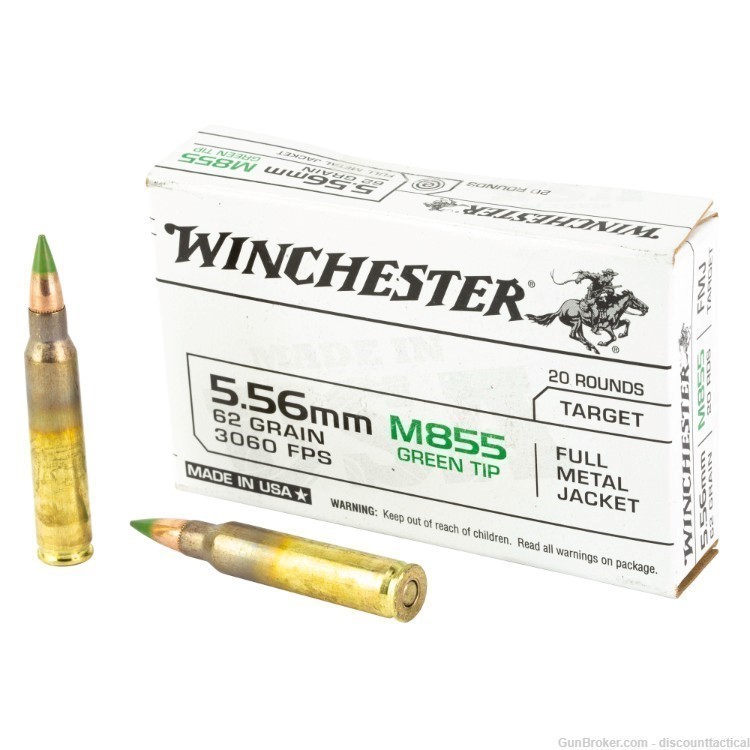 Winchester Ammunition, M855, 556NATO, 62 Grain, FMJ, Green Tip-img-0