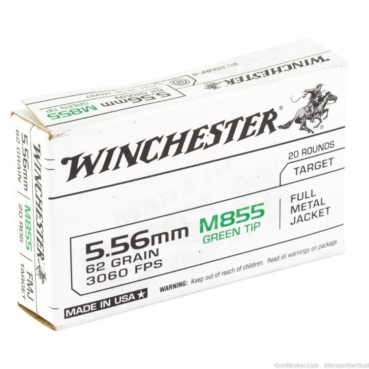 Winchester Ammunition, M855, 556NATO, 62 Grain, FMJ, Green Tip-img-1