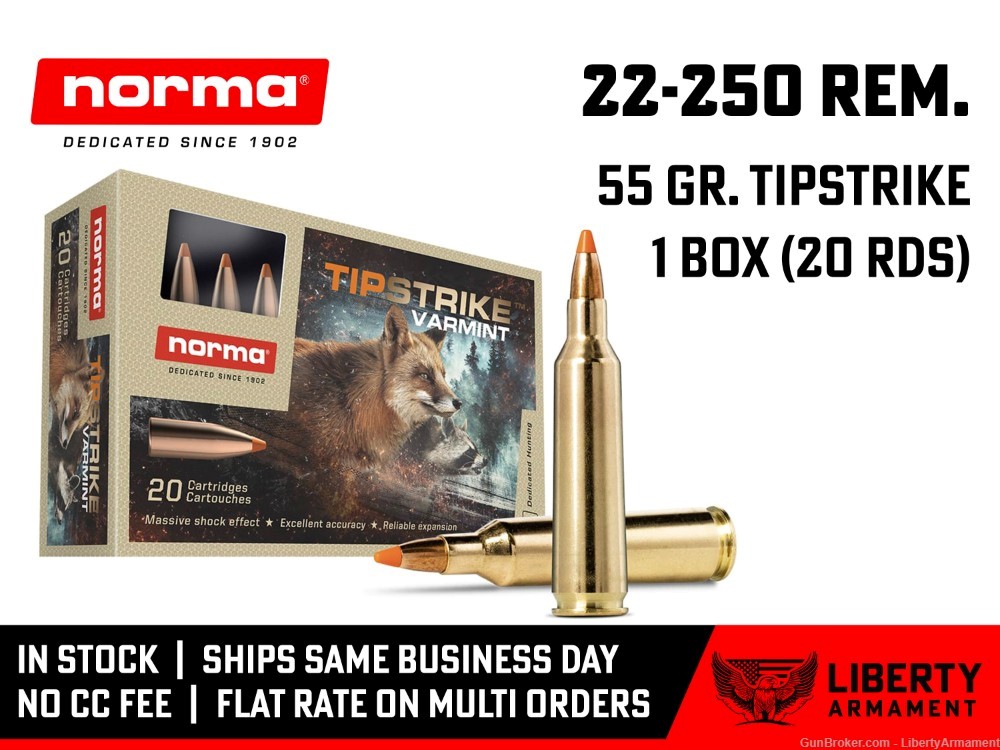 22-250 Rem Ammo 55 gr Norma TIPSTRIKE Varmint Hunting Ammunition-img-0