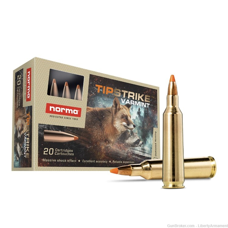 22-250 Rem Ammo 55 gr Norma TIPSTRIKE Varmint Hunting Ammunition-img-1