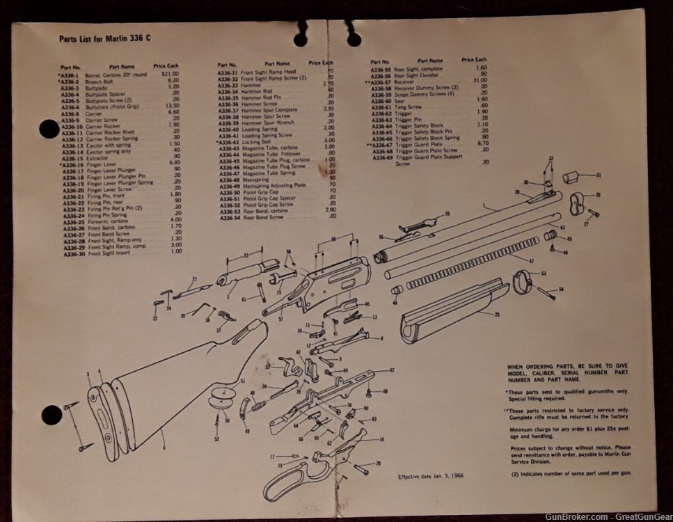 Vintage Marlin Model 336C Rifle Original Instruction Manual / Parts List-img-1