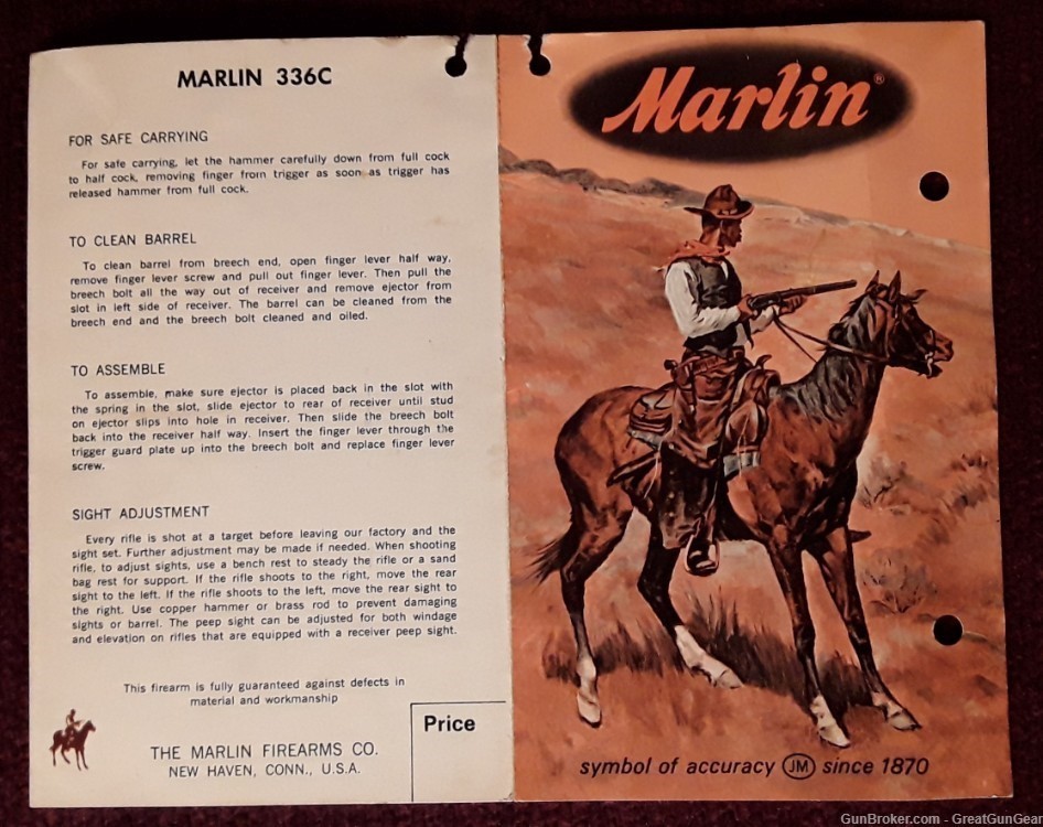 Vintage Marlin Model 336C Rifle Original Instruction Manual / Parts List-img-0