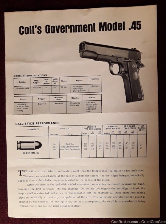 Vintage Colt Government Model 45 WWII Commemorative Auto Pistol Certificate-img-1