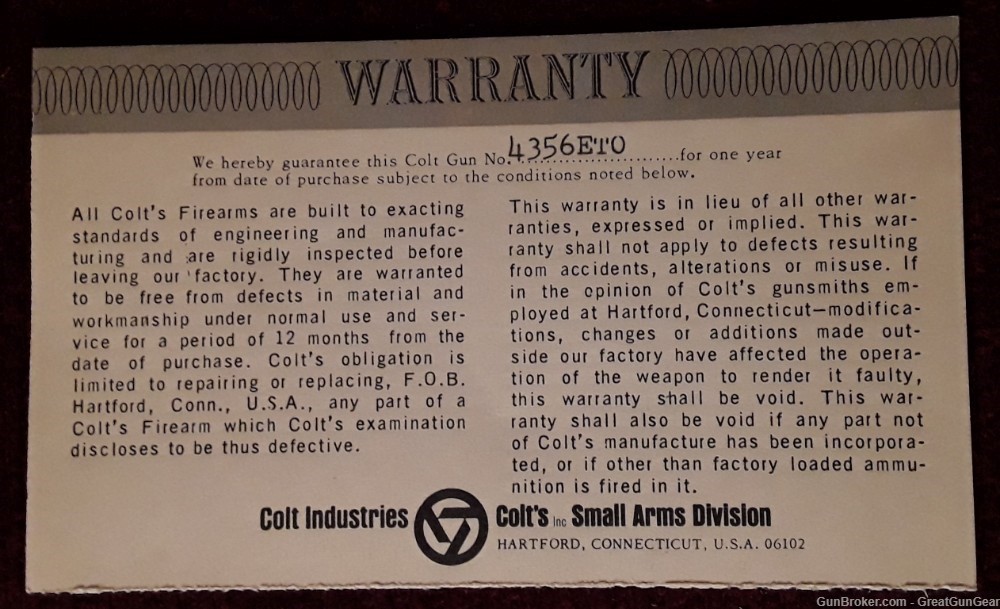 Vintage Colt Government Model 45 WWII Commemorative Auto Pistol Certificate-img-3