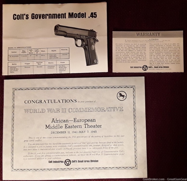 Vintage Colt Government Model 45 WWII Commemorative Auto Pistol Certificate-img-0