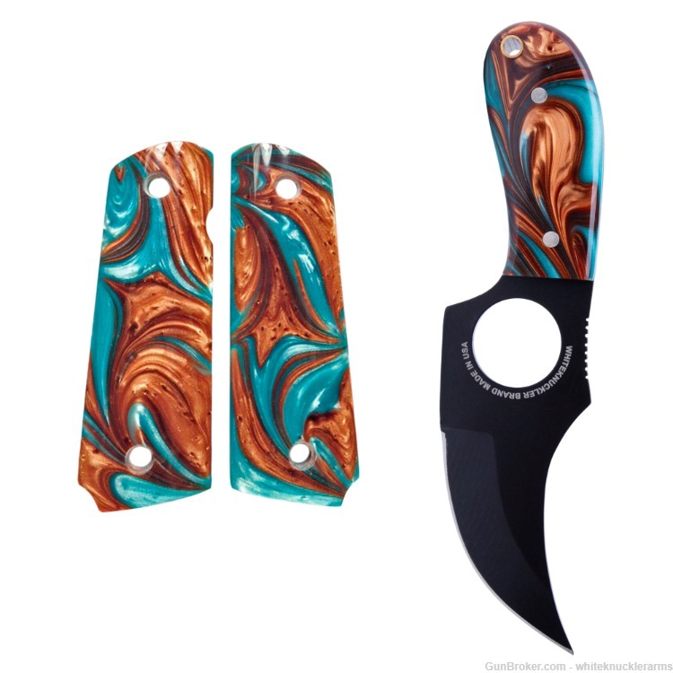 Whiteknuckler Brand 1911 Copper & Teal Grip Set & Matching Classic C7 Knife-img-1