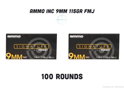 Ammo Inc Signature 9mm Luger Handgun Ammo - 115 Grain TMC 100rds