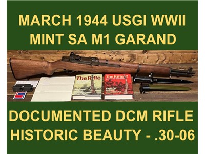 M1 GARAND SPRINGFIELD ARMORY MARCH 1944 ORIG. BARREL 1/1+ DCM CMP WWII WW2