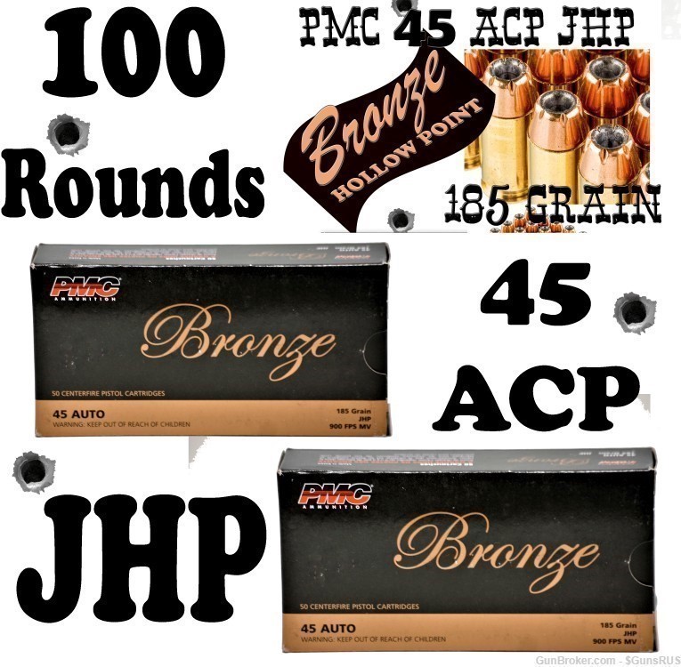 45 ACP JHP PMC Bronze 45ACP JHP 185 Gr 2 BOXES Personal Defense 100 Rounds-img-2