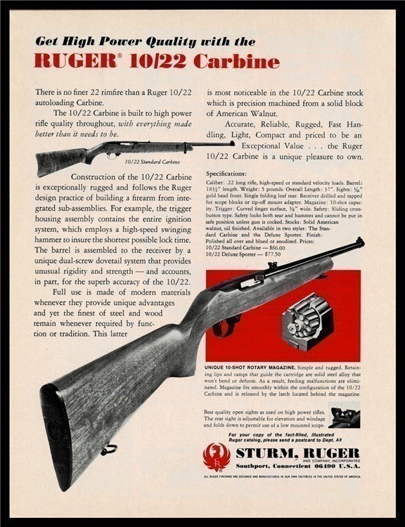 1974 RUGER 10/22 Carbine Vintage PRINT Gun AD-img-0