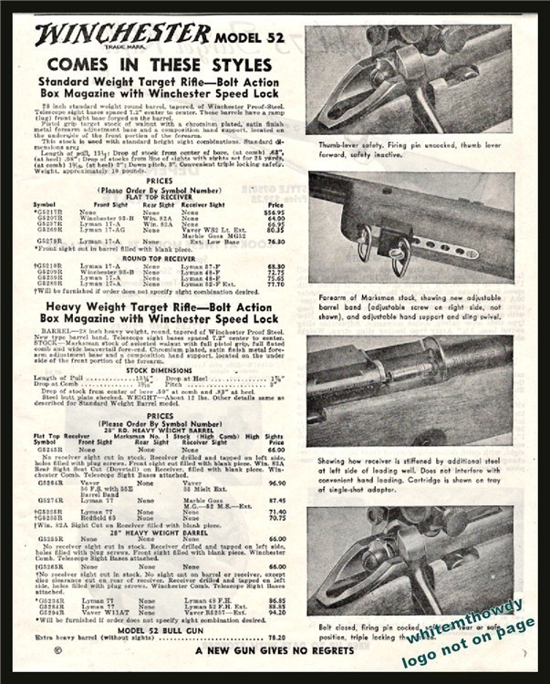 1945 WINCHESTER Model 52 PRINT AD w/prices for all styles-img-0
