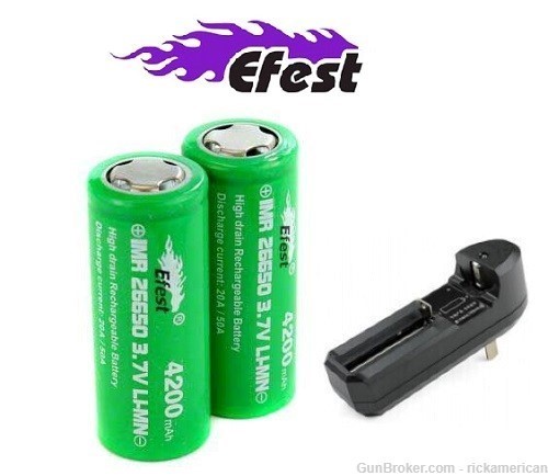 CHARGER + TWO IMR eFest 4200 mAh 26650 3.7v Li-Mn Flat Top authent-img-0