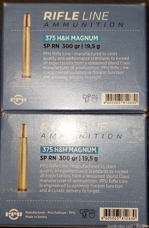 20 Rounds 375 H&H Magnum PPU 300 Grain Soft Point AMMUNITION -img-2