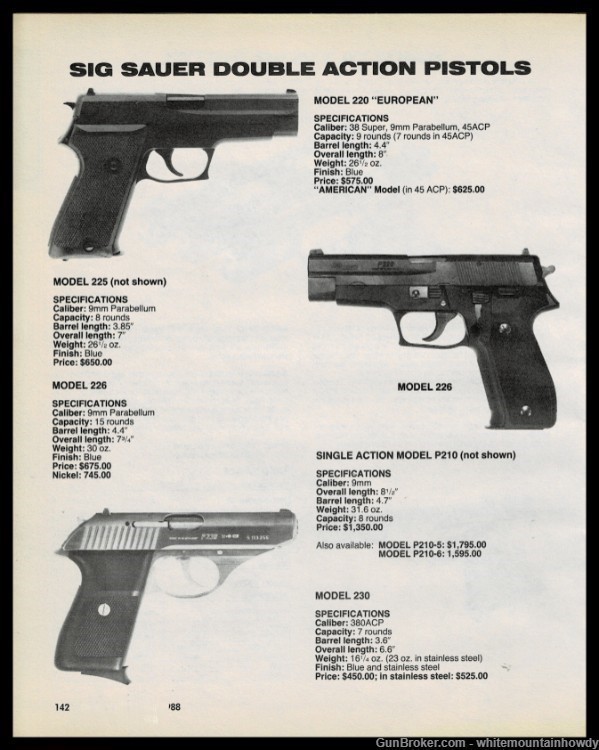 1988 SIG SAUER  220 European, 226 230 Pistol AD specs/orig prices shown-img-0