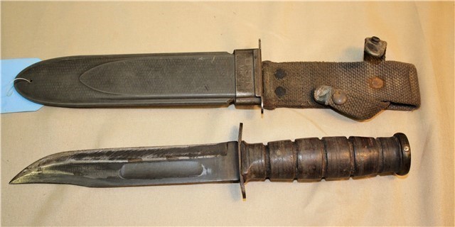 USN KA-BAR WWII Fighting Knife w/ USN Scabbard-img-0