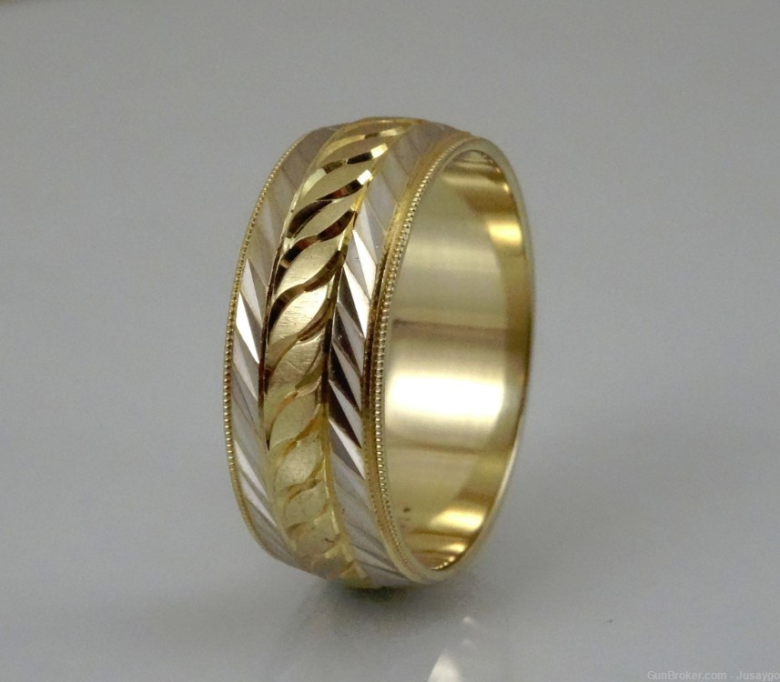 14K Wedding Band Diamond Cut Solid Yellow Gold Milgrain Edge, Size 11.5-img-0