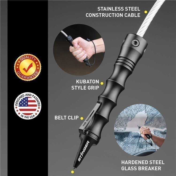 Stinger Whip Black Color Emergency Tool: Glass Breaker, Metal Hand Grip-img-1
