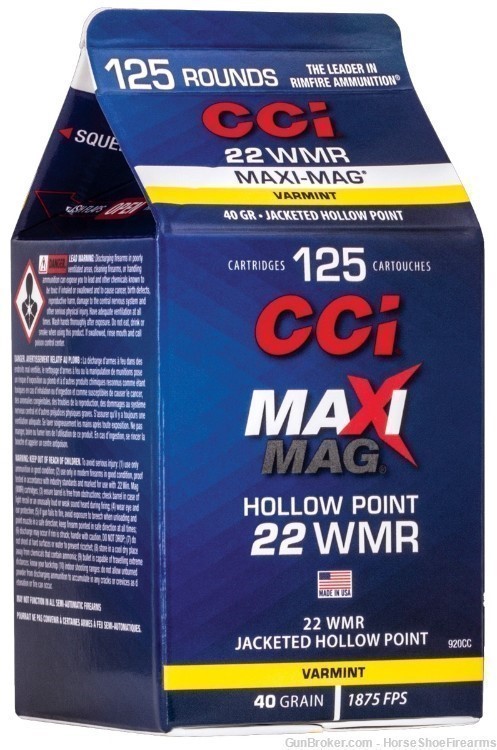 CCI 920CC Maxi-Mag 22 Mag 40 gr Jacketed Hollow Point JHP 125 Bx-img-0