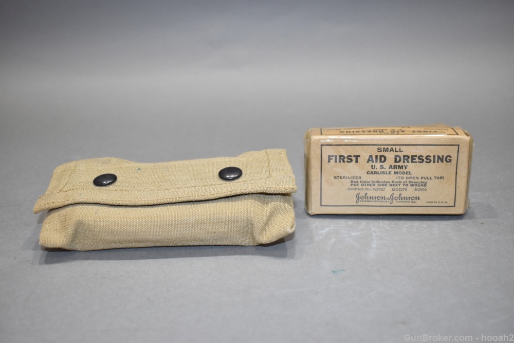 Very Fine Mills 1918 Dated WWI First 1st Aid Pouch w WWII J&J Dressing-img-0