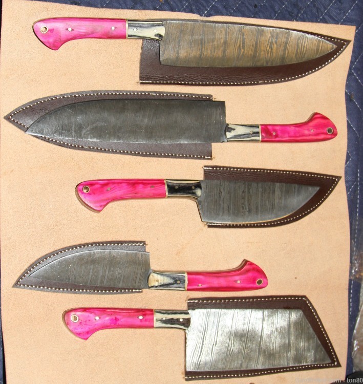 HANDMADE DAMASCUS CHEF 5 PIECE KITCHEN SET WITH LEATHER-img-0