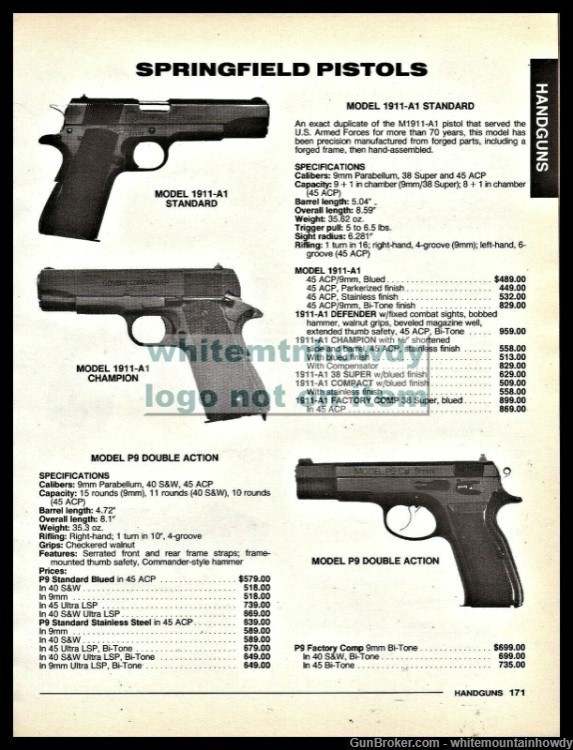 1994 SPRINGFIELD Model 1911-A1 Standard & Champion, p-9 DA Pistol AD-img-0