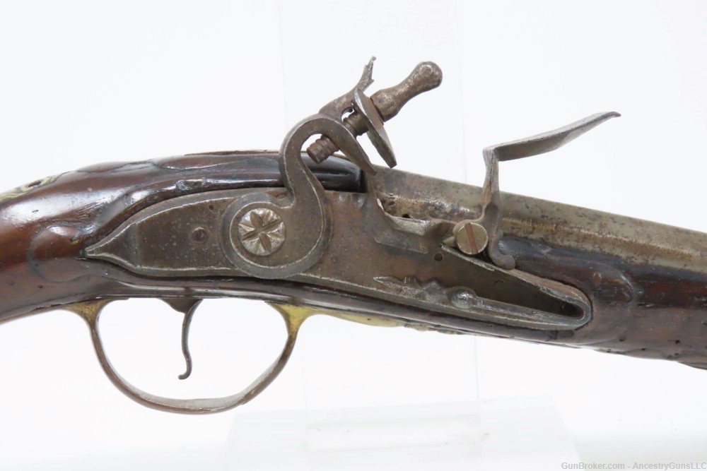 18th Century GERMANIC FLINTLOCK Belt Pistol 65 Caliber Antique Carved Stock-img-3