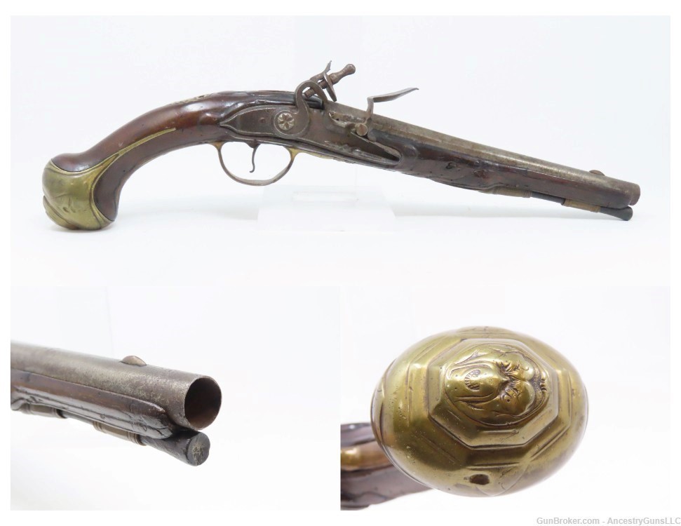 18th Century GERMANIC FLINTLOCK Belt Pistol 65 Caliber Antique Carved Stock-img-0