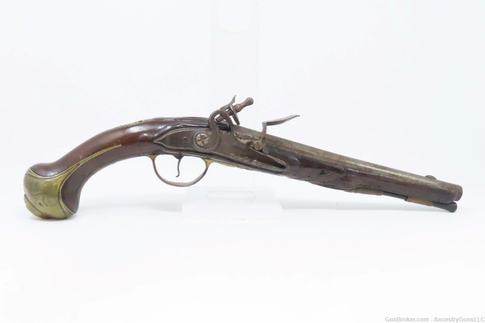 18th Century GERMANIC FLINTLOCK Belt Pistol 65 Caliber Antique Carved Stock-img-1